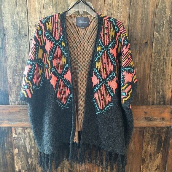 Paper Crane M Gray Orange Aztec Chunky Oversized Poncho Western Fringe Cardigan - Picture 3 of 10